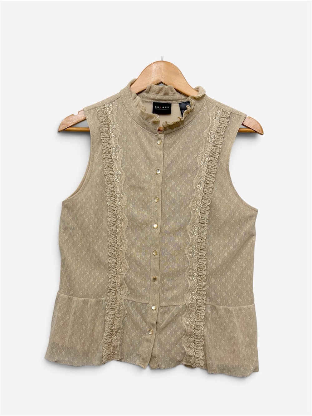 Axcess Liz Claiborne Beige Y2K Lace Trim Ruffle Neck Peplum Sleeveless Blouse XL